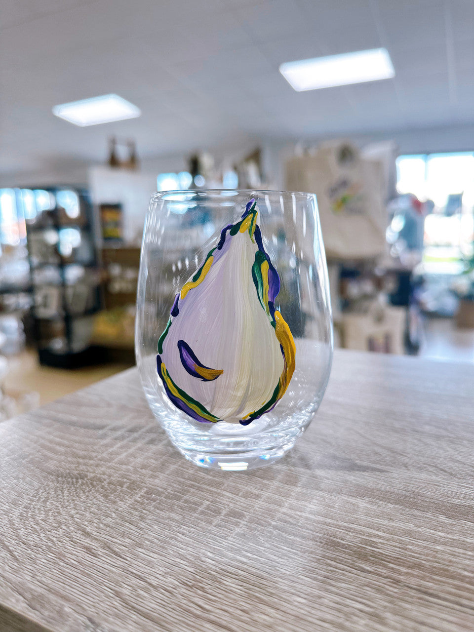 Mardi Gras Oyster Stemless Wine Glass